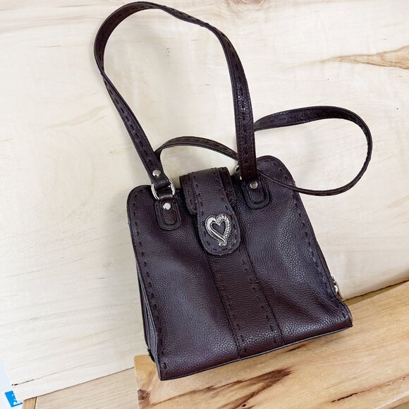 MC Brown Leather Purse Silver Heart Shoulder Bag  Lots of Pockets - Picture 3 of 12